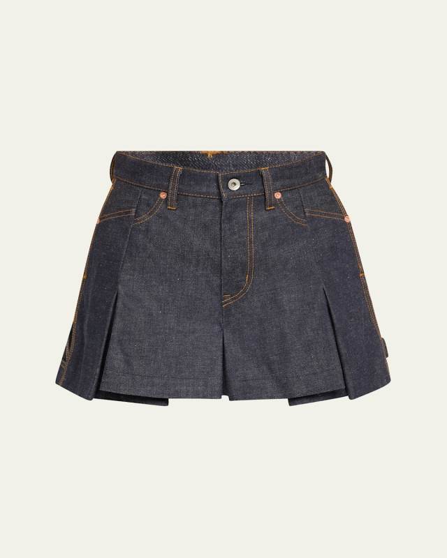 Pleated Denim Mini Skort